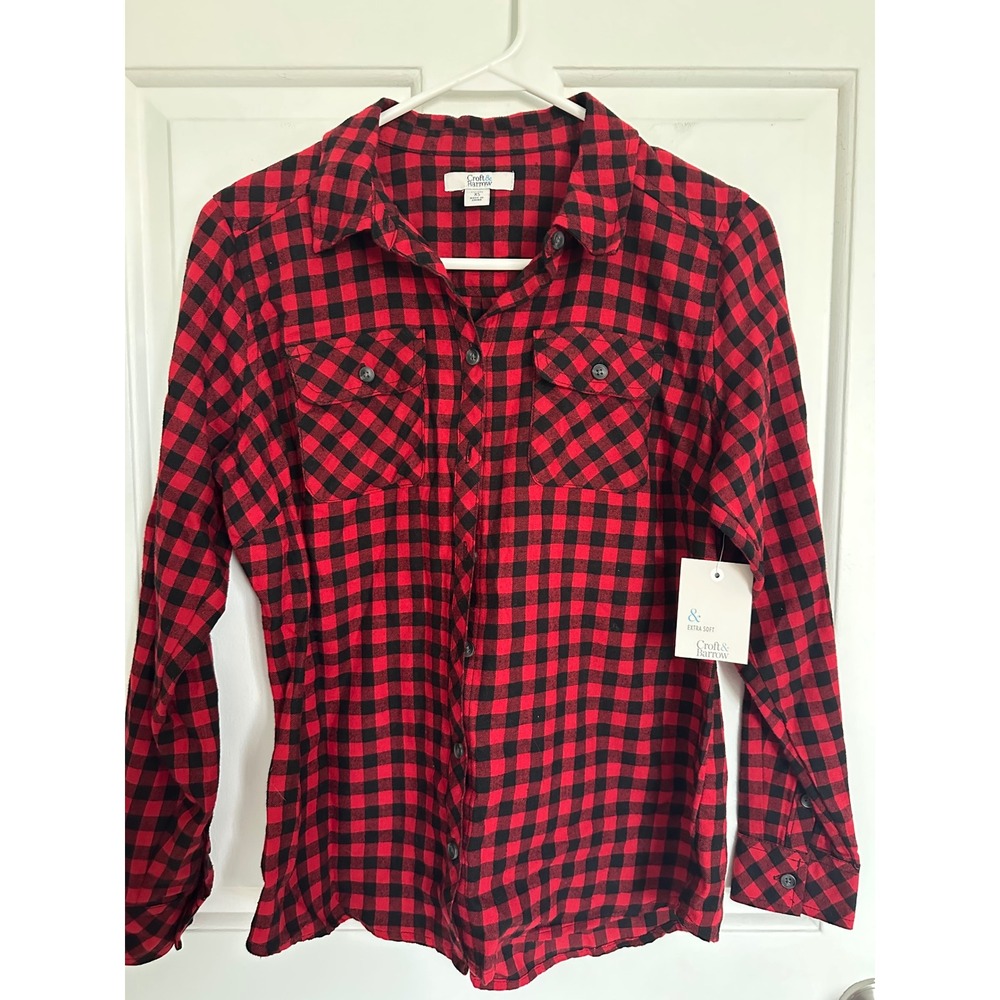 Croft & Barrow Red Black Buffalo Plaid Flannel‎ Shirt Womens XS Button Down NWT